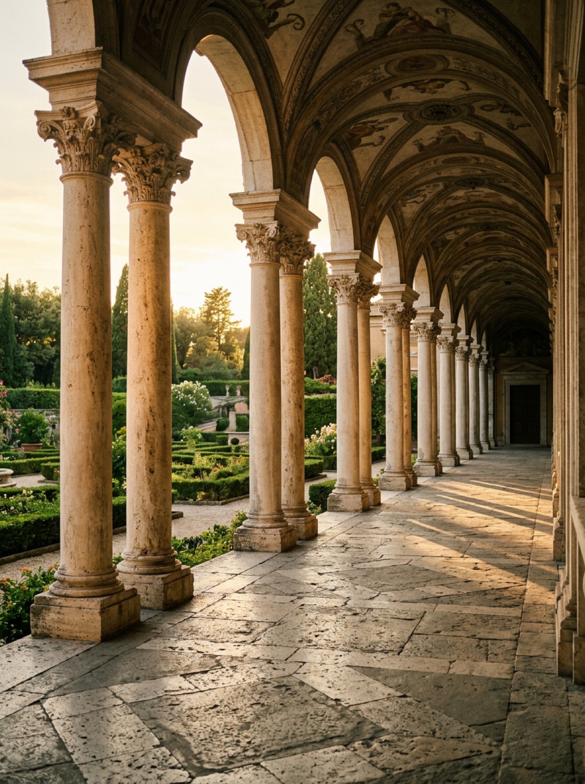 Classical stone colonnade in warm afternoon light