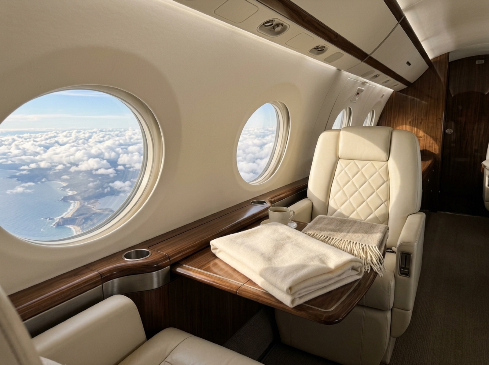 Private jet cabin with cream leather seats in warm morning light