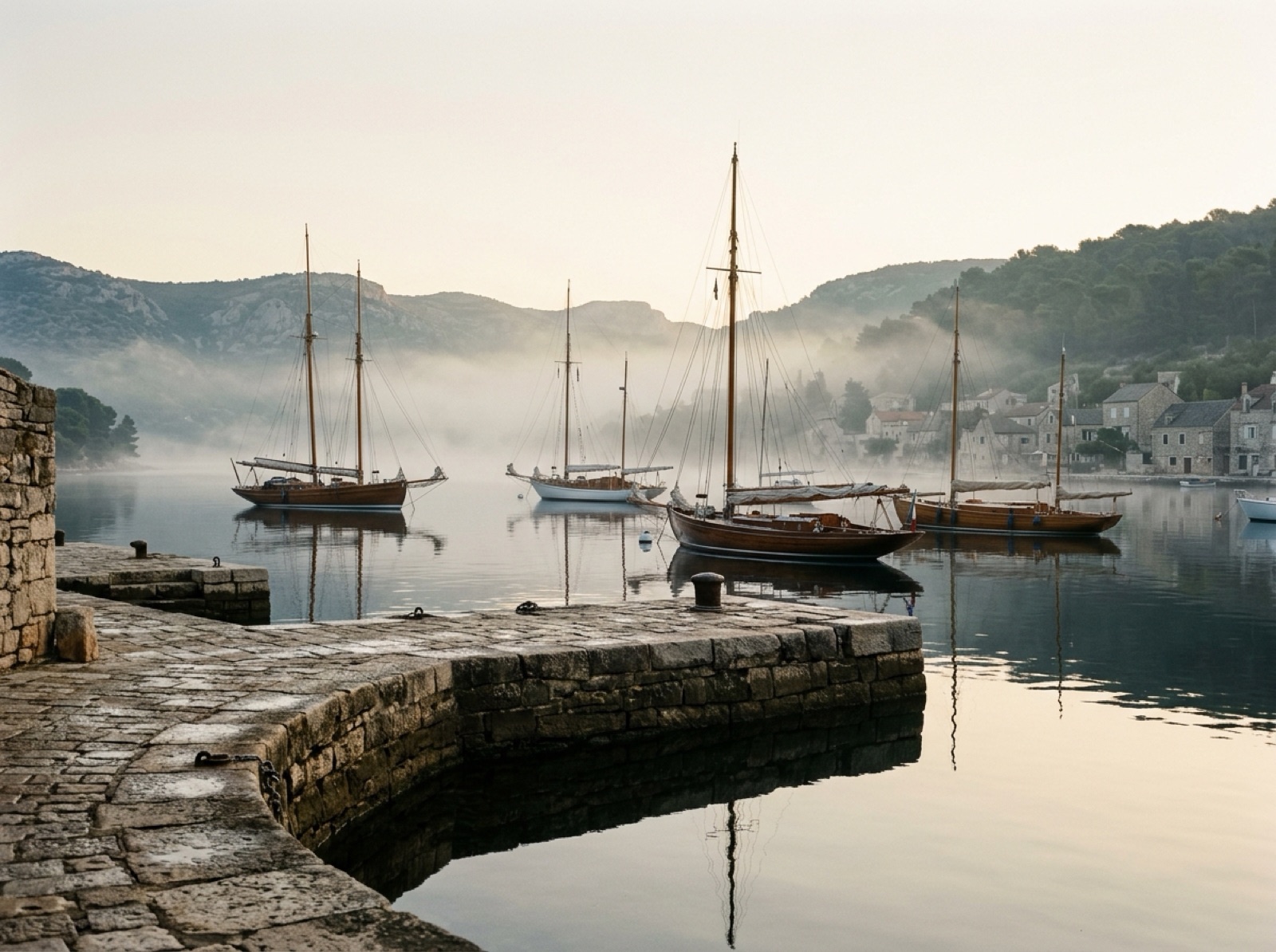 Sailing boats at anchor in a misty harbour at dawn