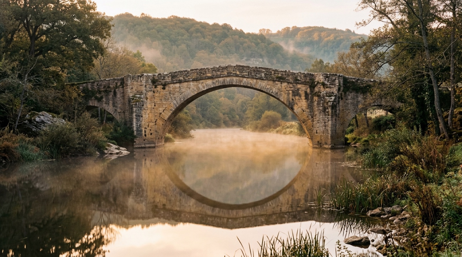Old stone arch bridge reflected in still water at dawn