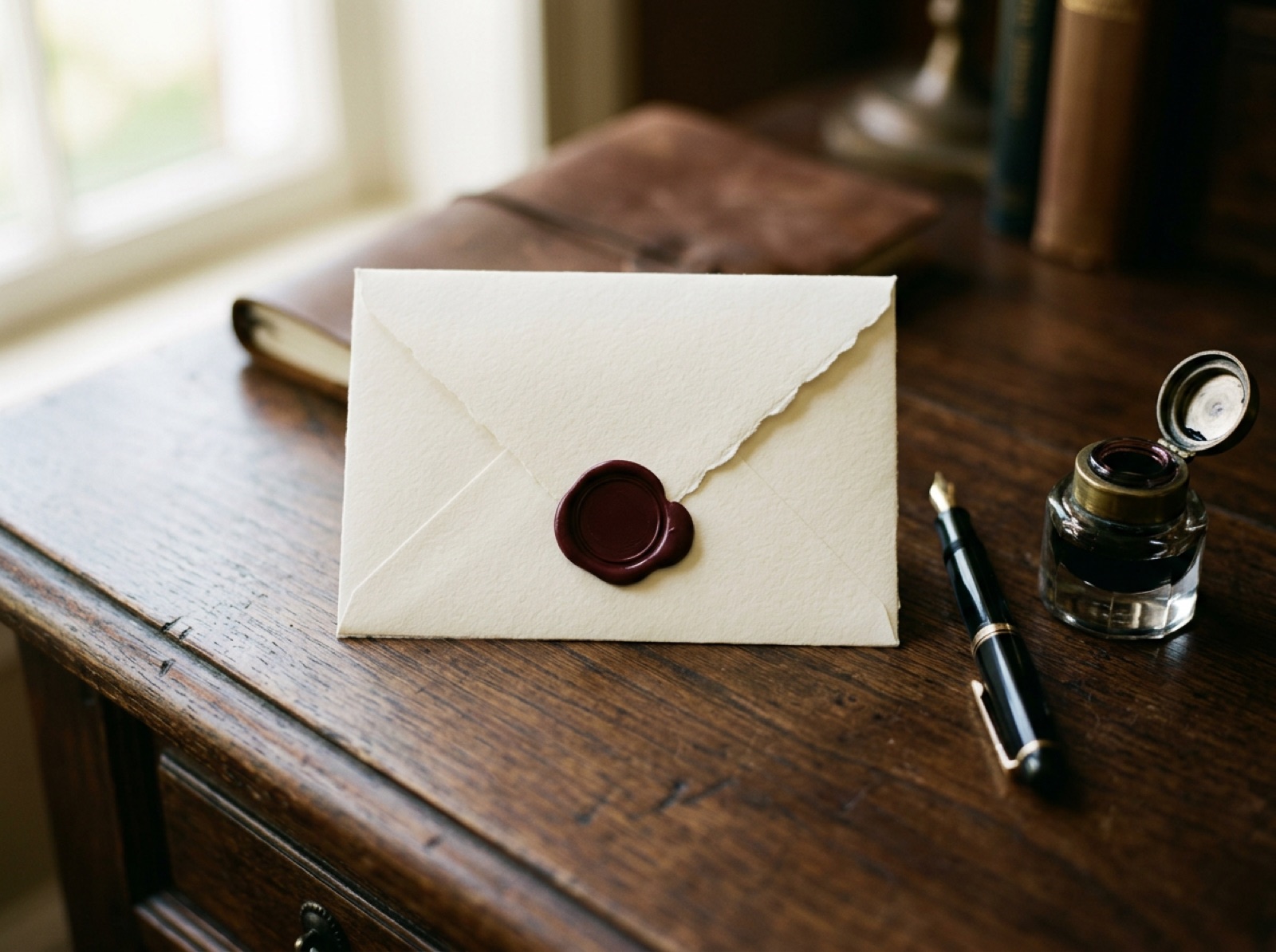 Sealed envelope of handmade paper with a wax monogram