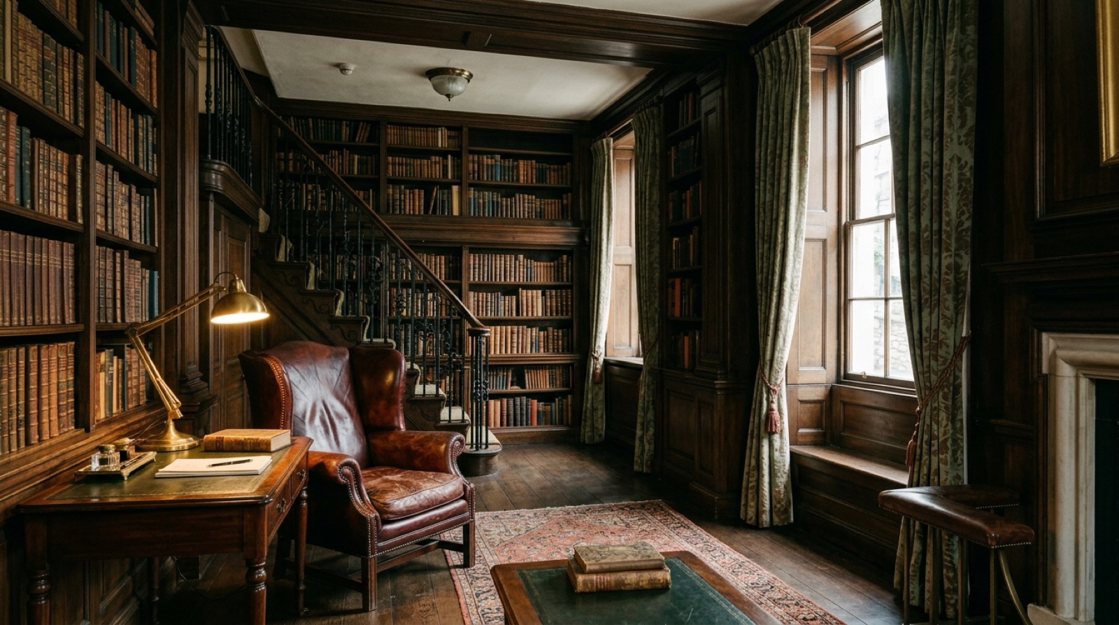 Historic wood-panelled library with galleried bookshelves